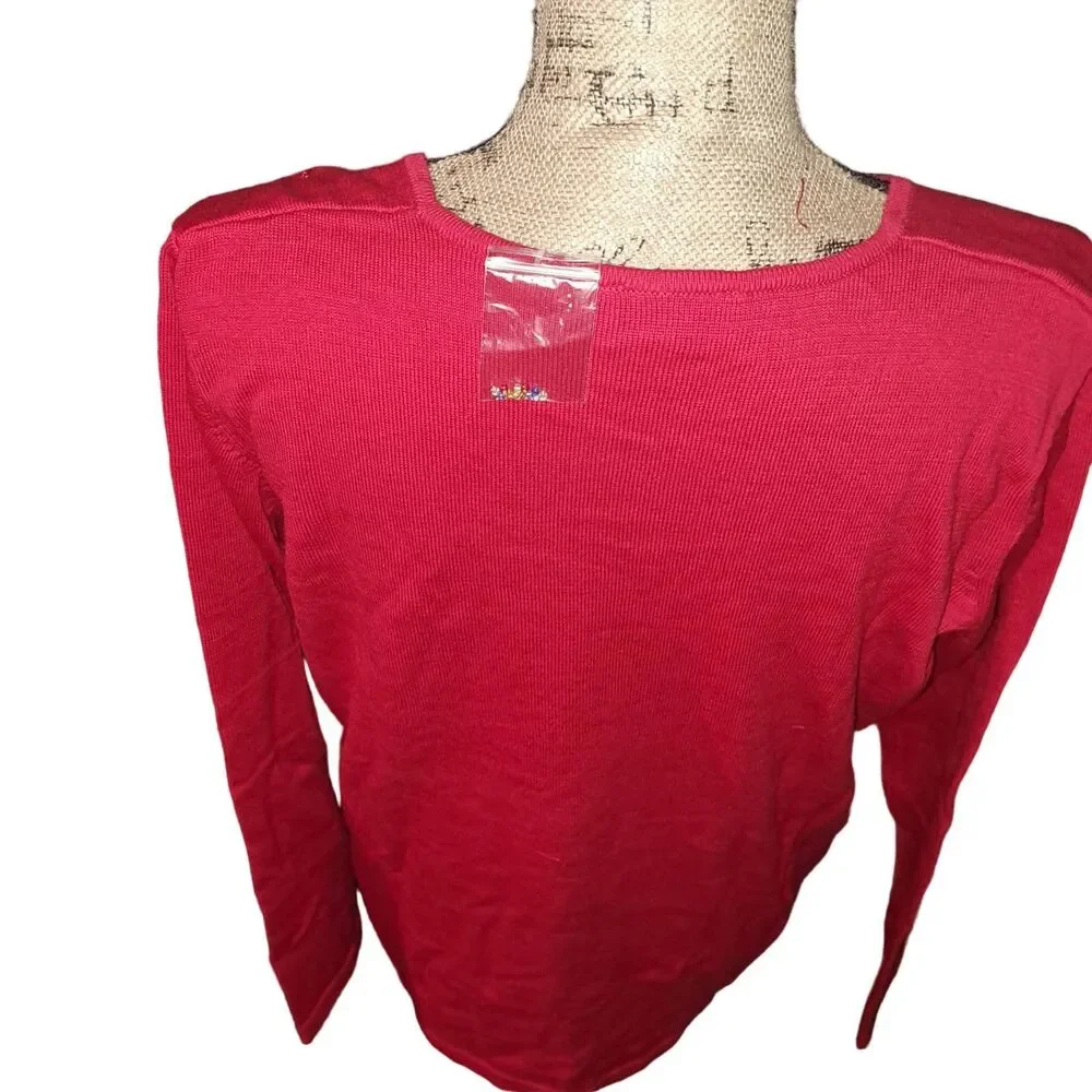 NWT-Quacker Factory Red Long Sleeve Poinsettia Bouquet Sweater Size: Med